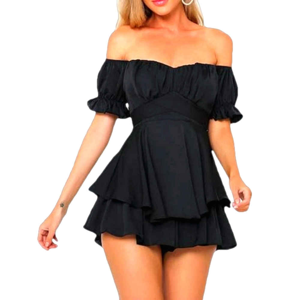 Boho Romper Off Shoulder Black Swiss Dot Ruffle Chiffon Shorts Jumpsuit Playsuit